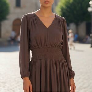 Nine West Chocolate Long Sleeve Smocked Mini Dress